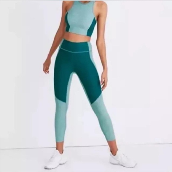 Outdoor Voices Teal Blue Color Blocked 7/8 Leggings Size Medium - Picture 1 of 5